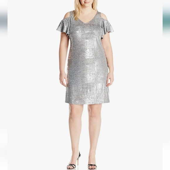 MSK Metallic Cold Shoulder Flutter Sleeve Dress XL Silver - Picture 3 of 11